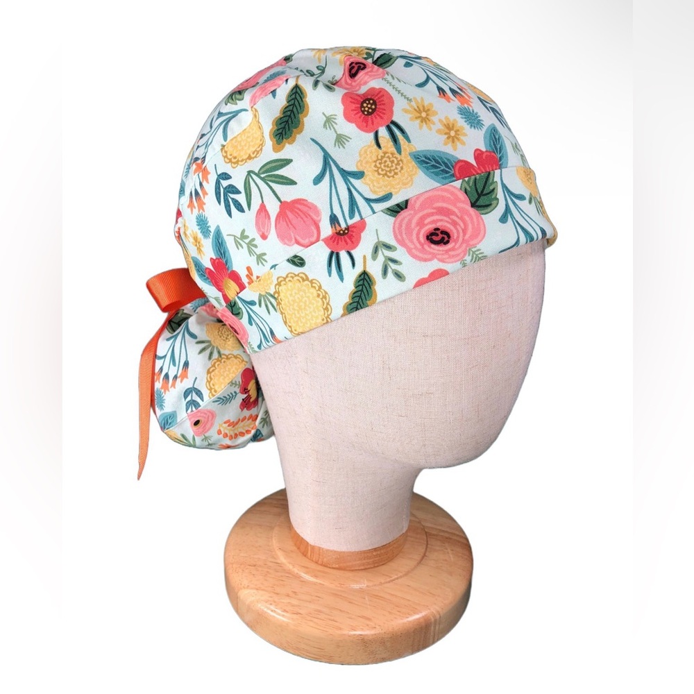 Floral Surgery Scrub Cap - Coral & Yellow Flowers